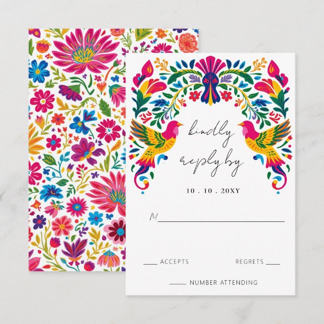 Vibrant Mexican Otomi Birds Floral Fiesta Wedding RSVP Card (Front/Back)