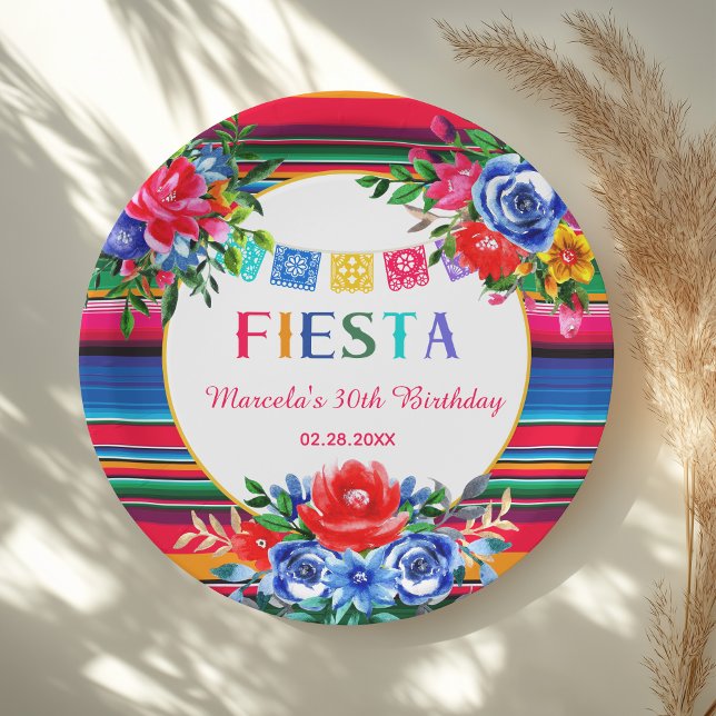 Vibrant Mexican Serape & Floral Birthday Fiesta Paper Plate (Creator Uploaded)