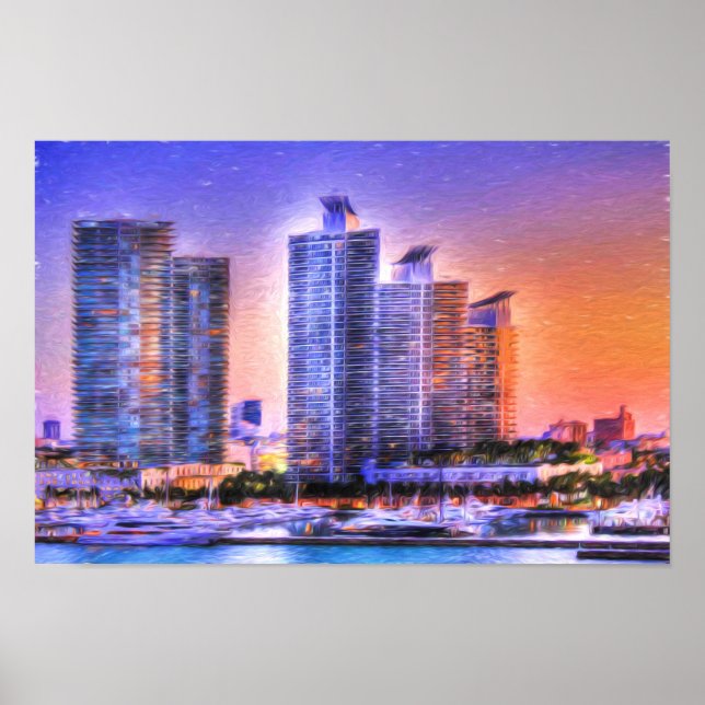 Vibrant Miami Skyline Sunrise Poster (Front)