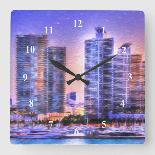 Vibrant Miami Skyline Sunrise Square Wall Clock (Front)