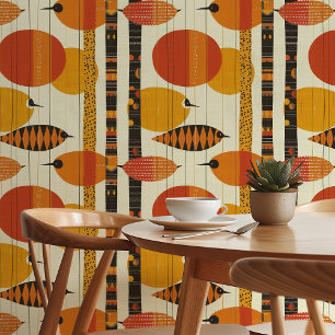 Vibrant Mid-Century Modern Bird Pattern Retro Wallpaper