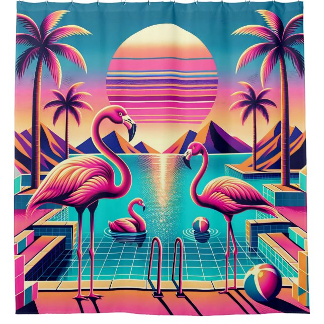 “Vibrant Mid-Century Modern Flamingo Pool Sunset" Shower Curtain (Front)
