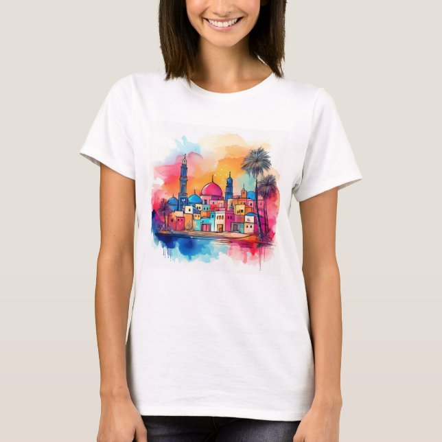 Vibrant Middle Eastern Cityscape - Watercolour Art T-Shirt (Front)
