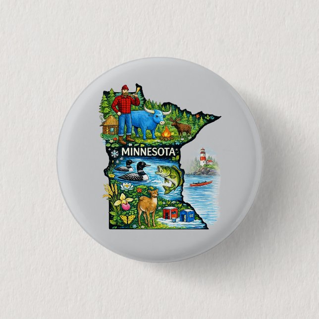 Vibrant Minnesota State Map-Paul Bunyan/Northwoods 3 Cm Round Badge (Front)