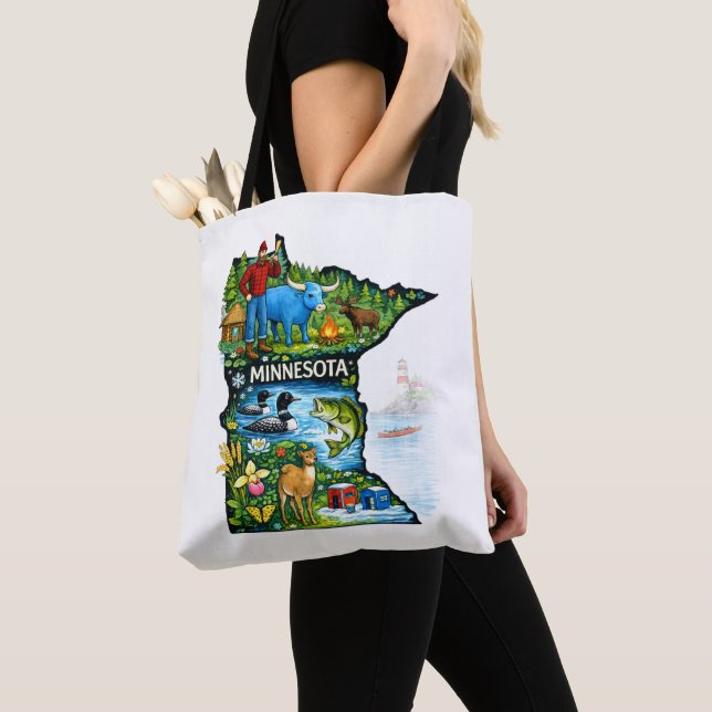 Vibrant Minnesota State Map-Paul Bunyan/Northwoods Tote Bag (Close Up)