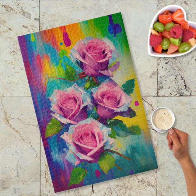 Vibrant Modern Art Pink Roses Bouquet Oil Painting Jigsaw Puzzle (Creator Uploaded)