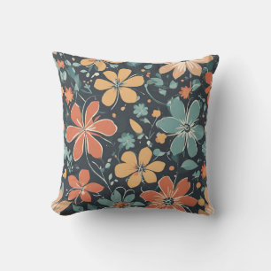 Vibrant Modern Blue, Orange, Yellow Flowers. Retro Cushion
