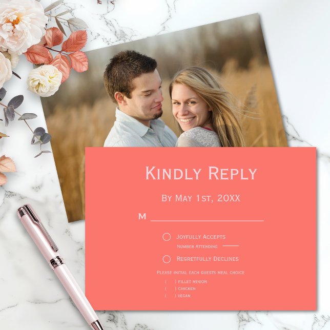 Vibrant Modern Coral and Pink Photo Wedding RSVP Card (Creator Uploaded)