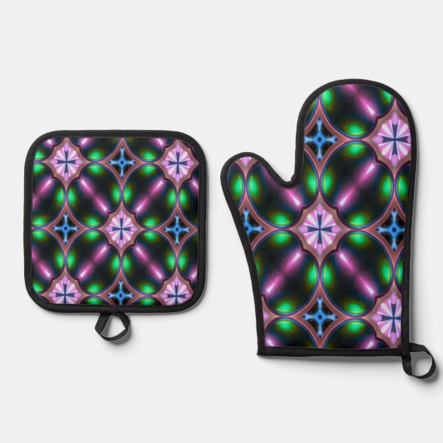 Vibrant Modern Geometric Abstract Oven Mitt & Pot Holder Set (Front)
