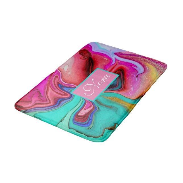 Vibrant Modern Marble Watercolor Personalise Bath Mat (Angled)