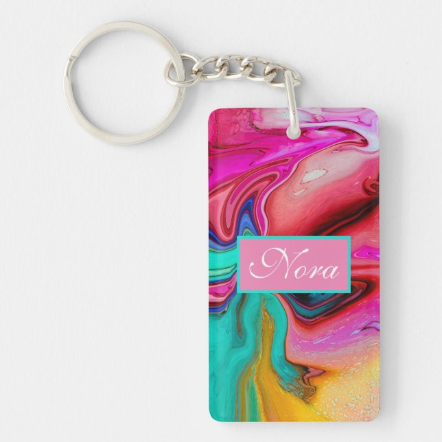 Vibrant Modern Marble Watercolor Personalise Key Ring (Front)