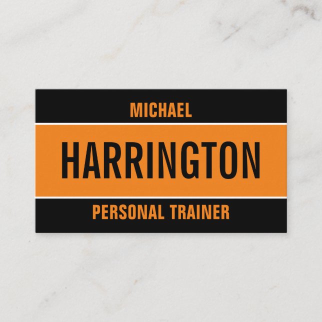 Vibrant Modern Orange and Black Personal Trainer B Business Card (Front)
