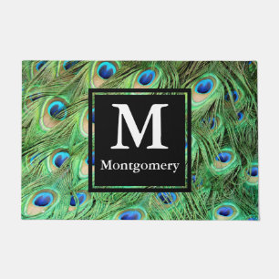 Vibrant Modern Peacock Feathers - Personalised Doormat