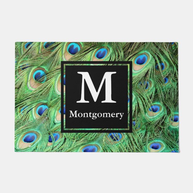 Vibrant Modern Peacock Feathers - Personalised Doormat (Front)