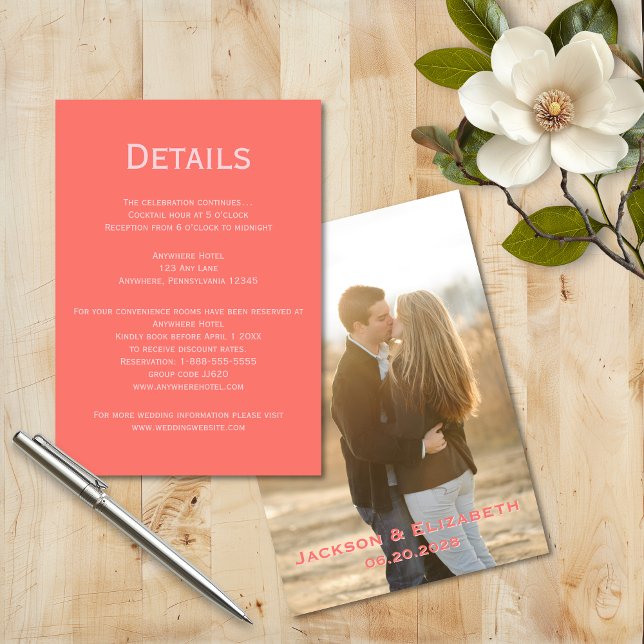 Vibrant Modern Pink & Coral Photo Wedding Details Enclosure Card (Modern Coral Wedding details enclosure card with photo)