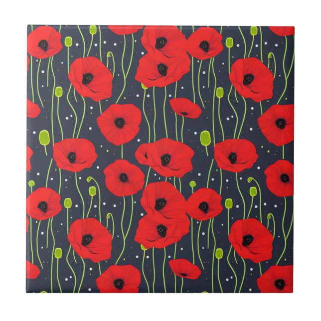 Vibrant Modern Red Poppies Pattern Art Ceramic Tile (Front)
