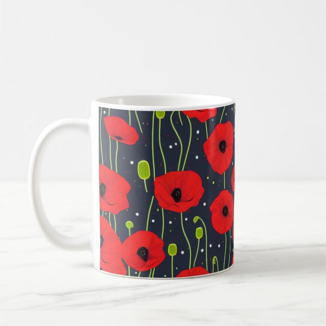 Vibrant Modern Red Poppies Pattern Art Coffee Mug (Left)