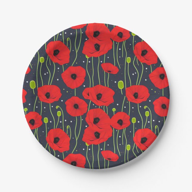 Vibrant Modern Red Poppies Pattern Art Paper Plate (Front)