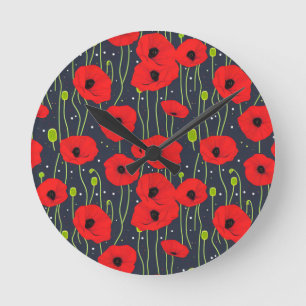 Vibrant Modern Red Poppies Pattern Art Round Clock