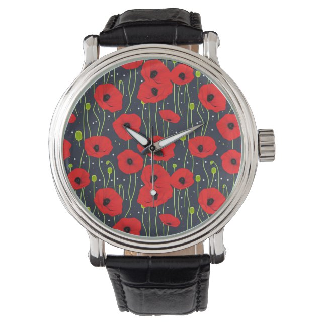 Vibrant Modern Red Poppies Pattern Art Watch (Front)