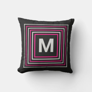 Vibrant Modern Simple Square Monogram Pink & Black Cushion