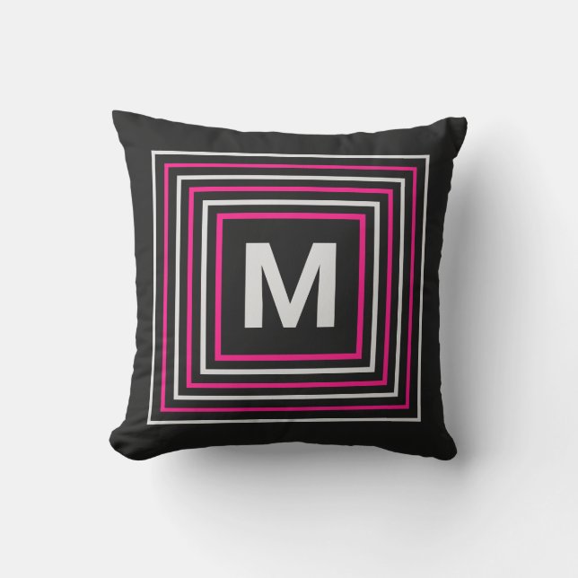 Vibrant Modern Simple Square Monogram Pink & Black Cushion (Front)