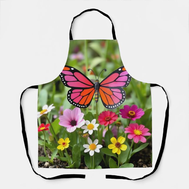 Vibrant Monarch Butterfly Garden Scene Apron (Front)