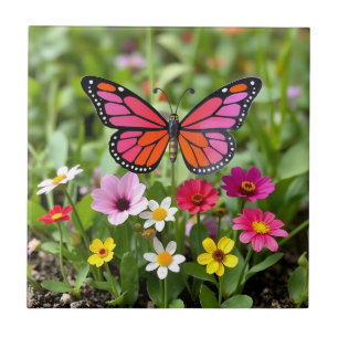 Vibrant Monarch Butterfly Garden Scene Ceramic Tile