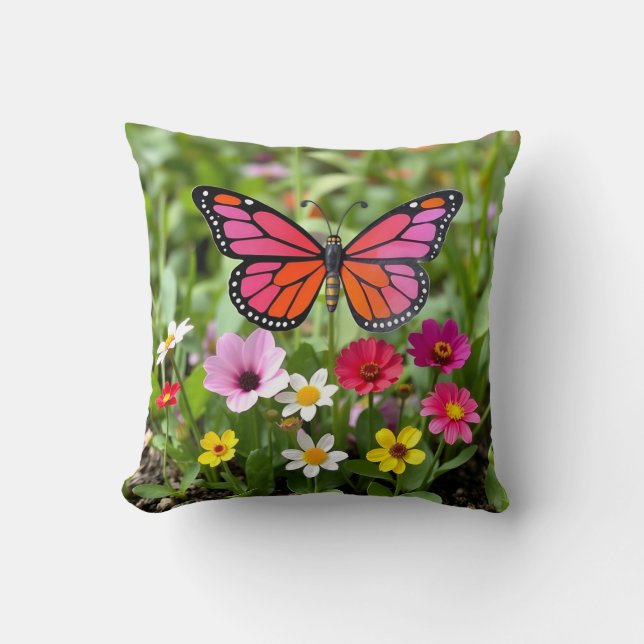 Vibrant Monarch Butterfly Garden Scene Cushion (Front)