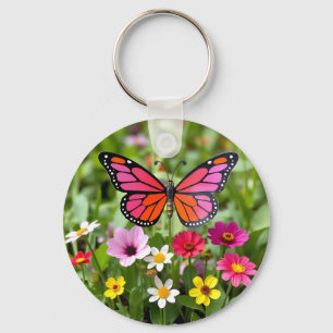 Vibrant Monarch Butterfly Garden Scene Key Ring