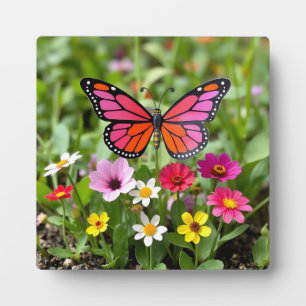 Vibrant Monarch Butterfly Garden Scene Plaque