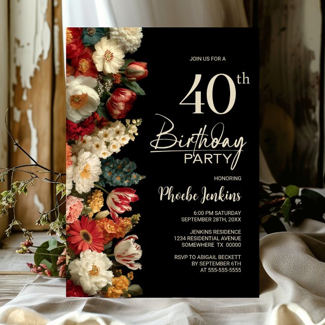Vibrant Moody Floral Black 40th Birthday Party Invitation (Creator Uploaded)