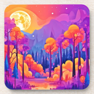 Vibrant Moonlit Forest Coaster