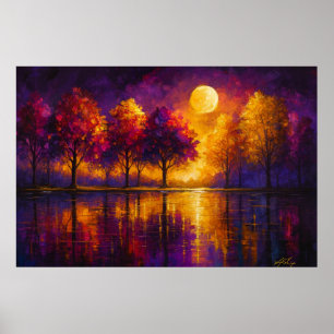 Vibrant Moonrise Over Colorful Trees Abstract Poster