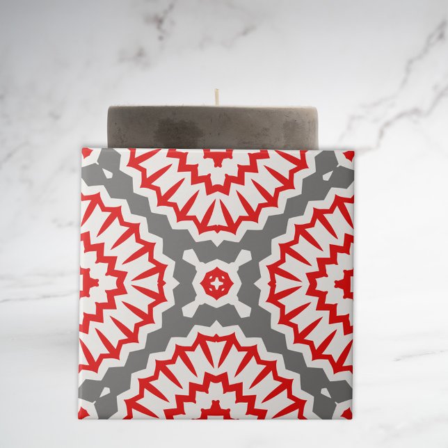 Vibrant Moroccan Ethnic Red White Grey Pattern Ceramic Tile (Creator Uploaded)