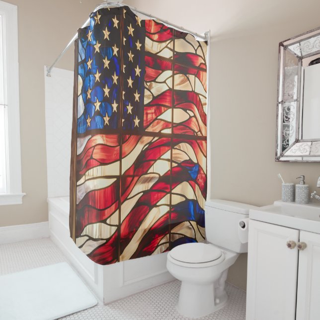 Vibrant Mosaic American Flag Stained Glass  Shower Curtain (In Situ)