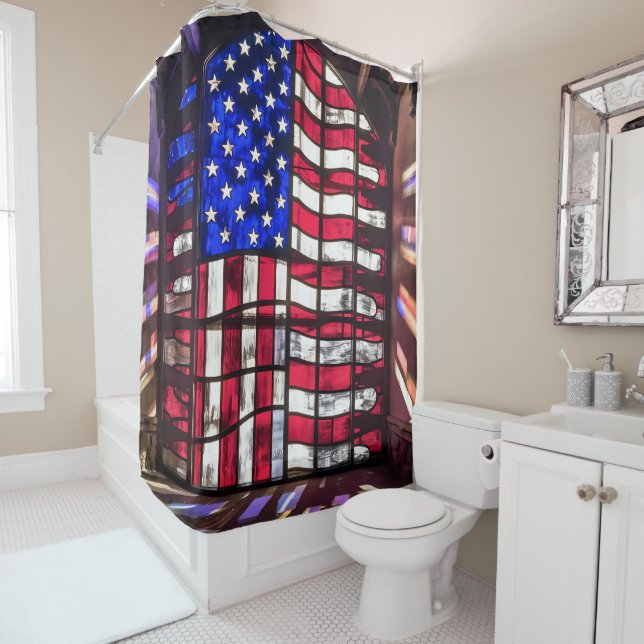 Vibrant Mosaic American Flag Stained Glass  Shower Curtain (In Situ)