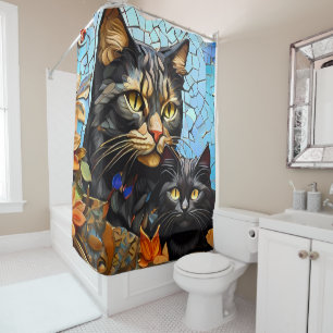 Vibrant Mosaic Cat Stained Glass Artistic Feline Shower Curtain