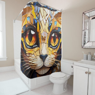 Vibrant Mosaic Cat Stained Glass Artistic Feline Shower Curtain