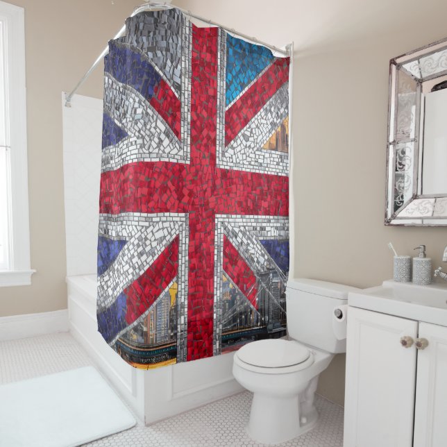 Vibrant Mosaic Union Jack Flag Stained Glass  Shower Curtain (In Situ)