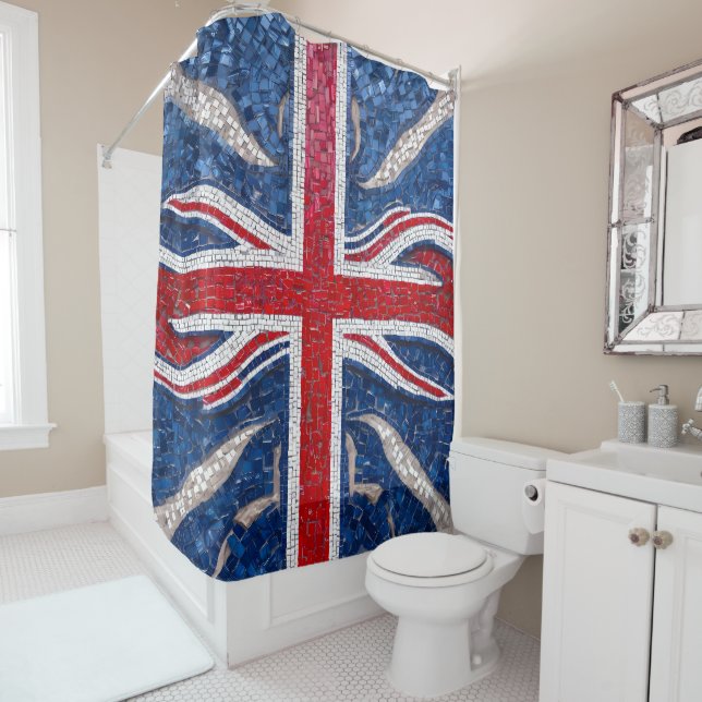 Vibrant Mosaic Union Jack Flag Stained Glass  Shower Curtain (In Situ)