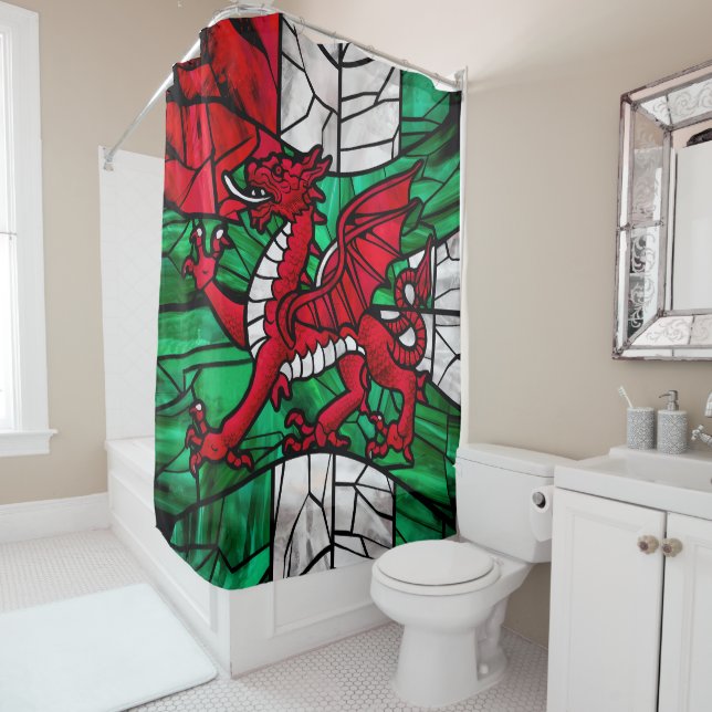 Vibrant Mosaic Welsh Flag Stained Glass  Shower Curtain (In Situ)