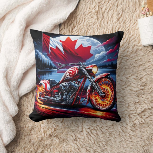 Vibrant motorcycle with Canadian flag near a lake Cushion (Blanket)