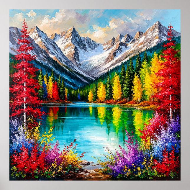 Vibrant Mountain Landscape with Colourful Trees Poster (Front)