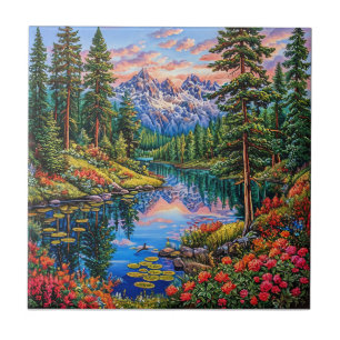 Vibrant Mountain Landscape with Reflection Ceramic Tile