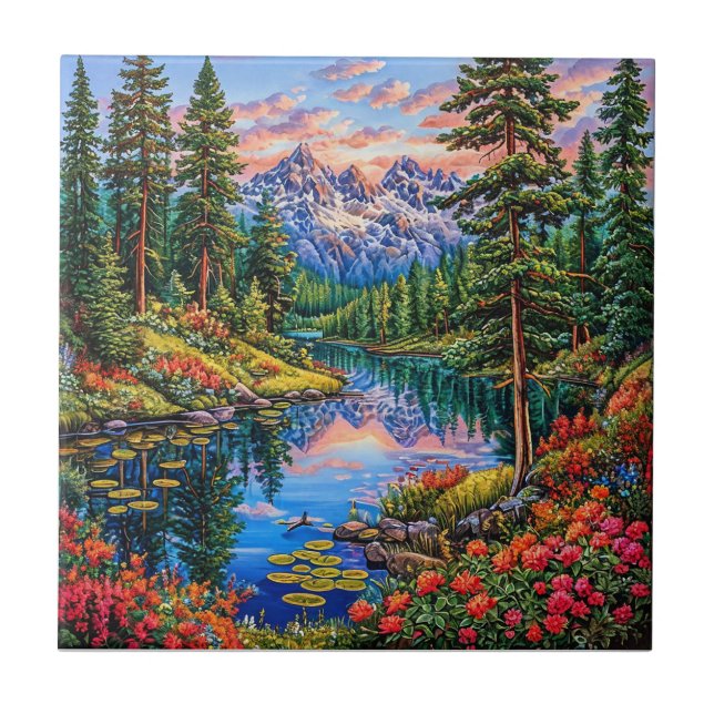 Vibrant Mountain Landscape with Reflection Ceramic Tile (Front)