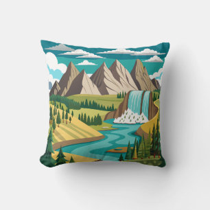 Vibrant Mountain Landscape with Waterfall and Rive Cushion