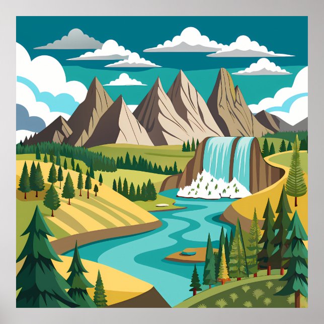 Vibrant Mountain Landscape with Waterfall and Rive Poster (Front)