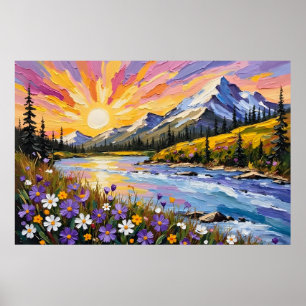 Vibrant Mountain Sunrise Oil Painting Poster