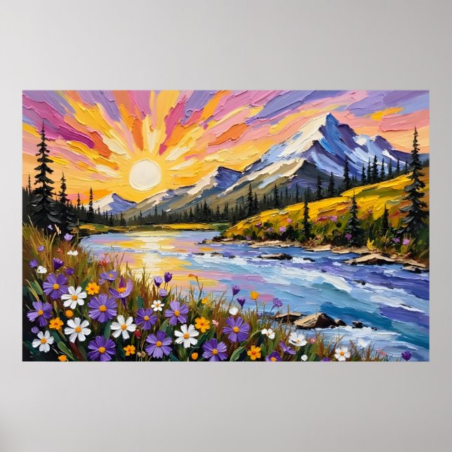 Vibrant Mountain Sunrise Oil Painting Poster (Front)